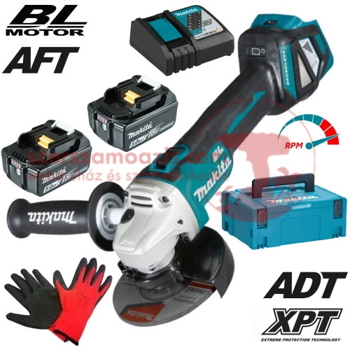 Makita DGA511RTJ Akkus sarokcsiszoló (18V/2x5.0Ah) MAKPAC kofferben + AJÁNDÉK
